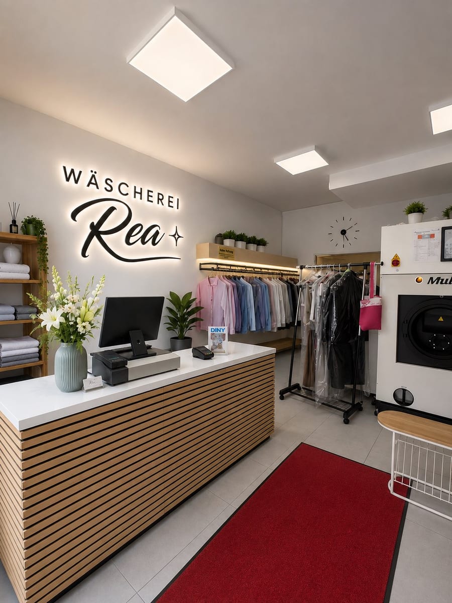 Innenansicht von Rea's Wäscherei München – Empfangstheke, frisch gereinigte Kleidung und moderne Reinigungstechnik