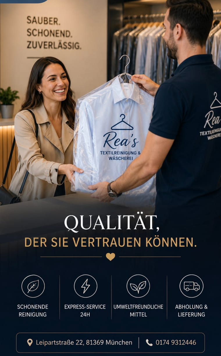 Zufriedene Kundin nimmt bei Rea's Wäscherei frisch gereinigte Kleidung entgegen – persönlicher Service
